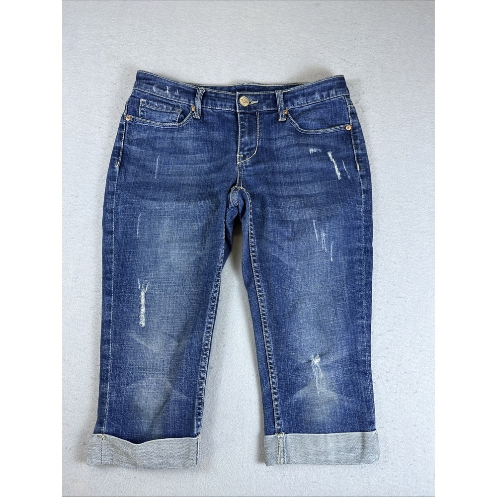 Seven7 Capri Crop Jeans Womens 6 Blue Dark Wash Stretch Low Rise Distressed
